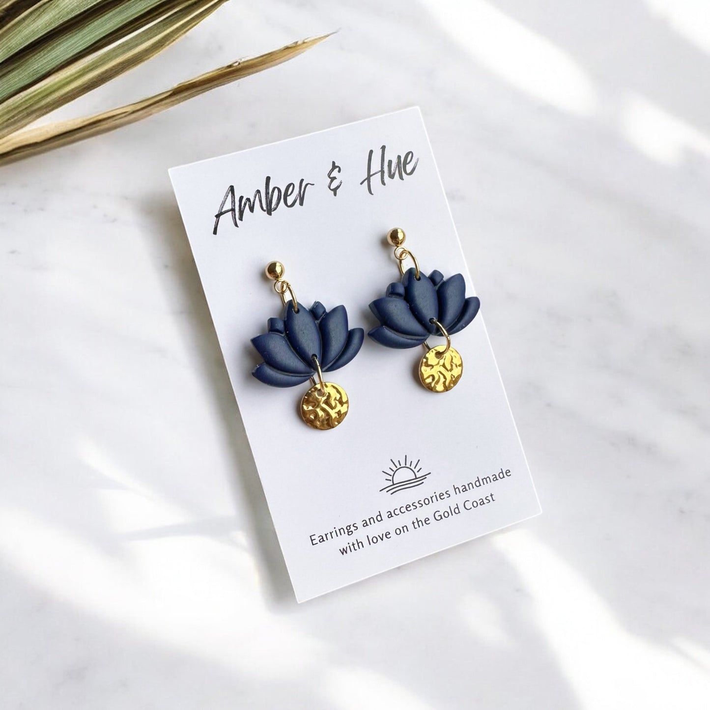 Navy Blue Lotus and Dainty Gold Disk Dangle Earrings