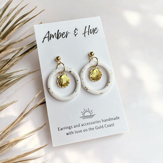 Seashell White and Gold Dangle Earrings