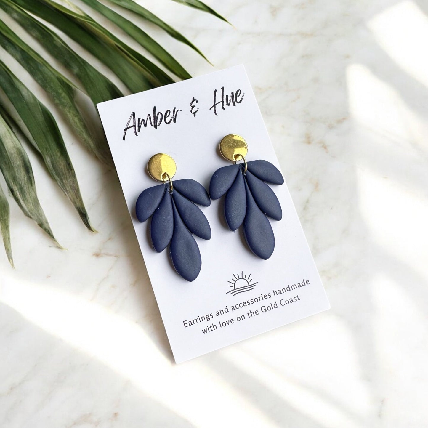 Navy Blue and Gold Flower Dangle Earrings