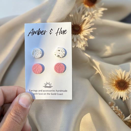 Stud Pack: Pink Floral Imprint and White Gold