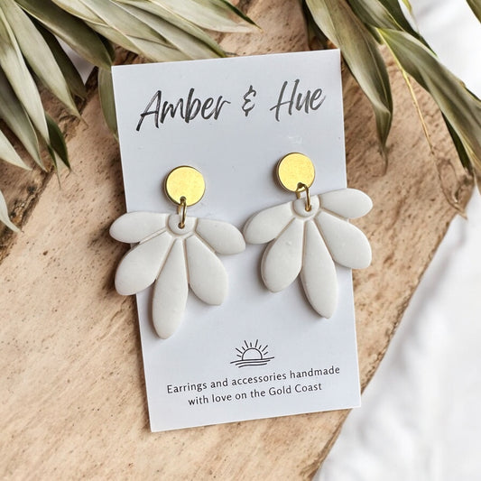 Flower White Dangle Earrings With a Gold Stud Post
