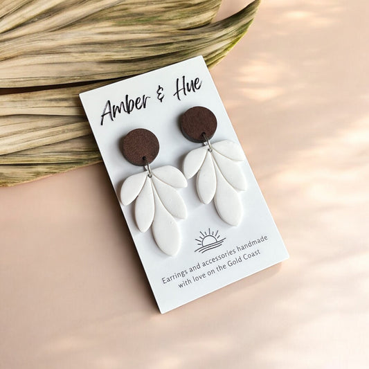 White Flower and Wood Stud Post Dangle Earrings