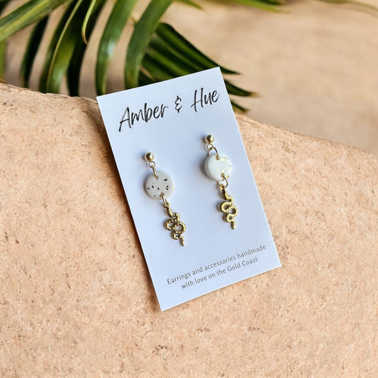 Snake Charm Dangle Earrings White & Gold