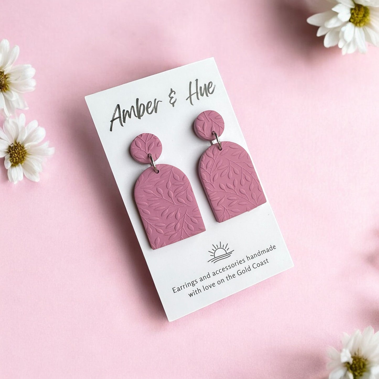 Pink Large Arch Earrings with Leaf Imprint