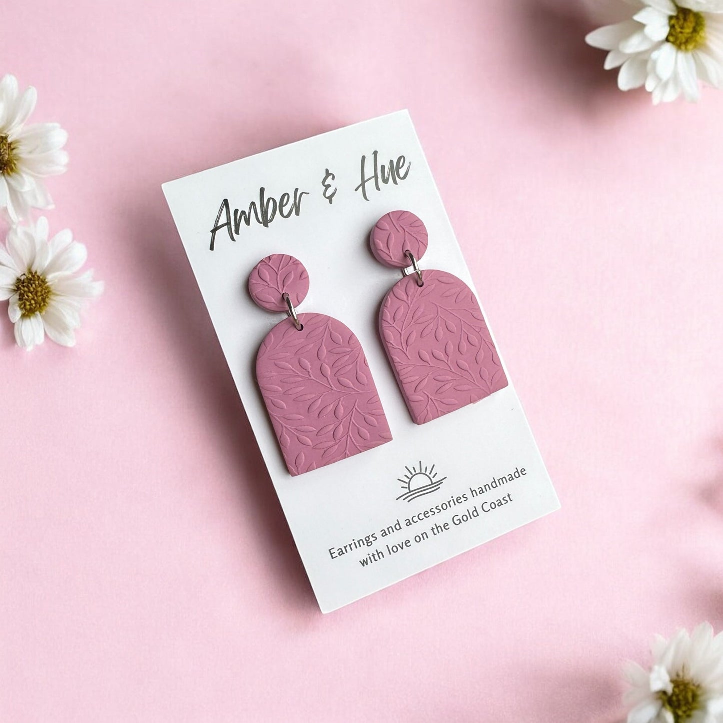 Pink Large Arch Earrings with Leaf Imprint