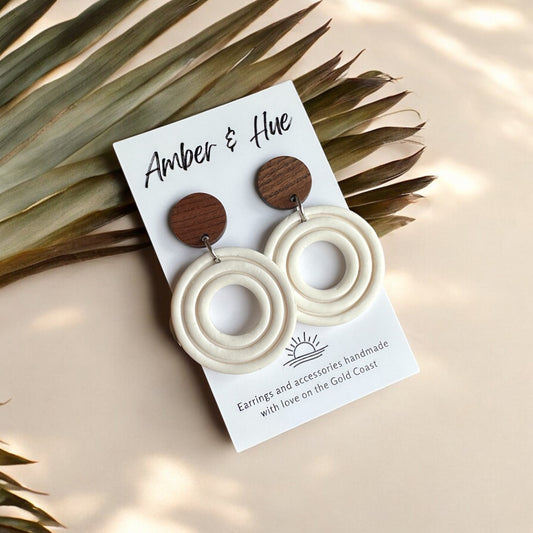 Boho Circle White Dangle Earrings With Wooden Stud Post