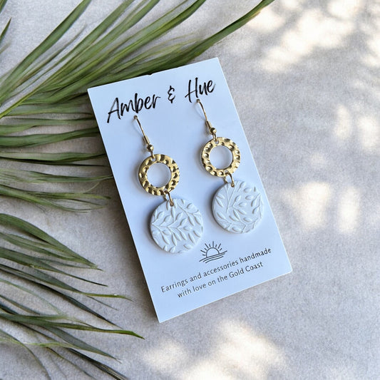 Elegant White and Gold Leaf Print Hook Earrings