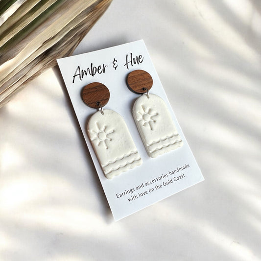 White Beach Pattern Dangle Earrings With a Wood Stud Post
