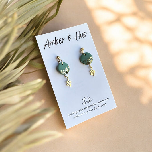 Small Snake Charm Green and Gold Dangle Earrings