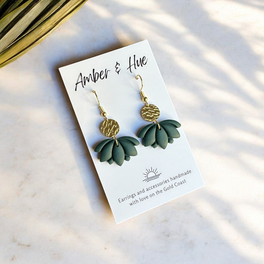 Green Gold Dainty Disk Lotus Hook Earrings