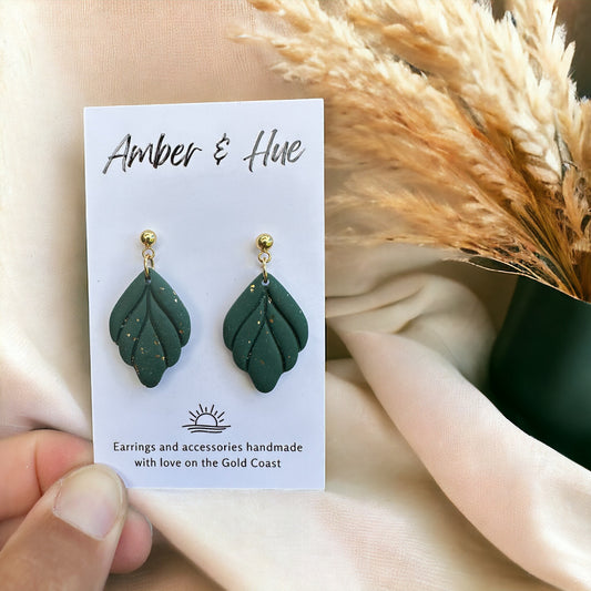 Green and Gold Sparkle Leaf Dangle Earrings