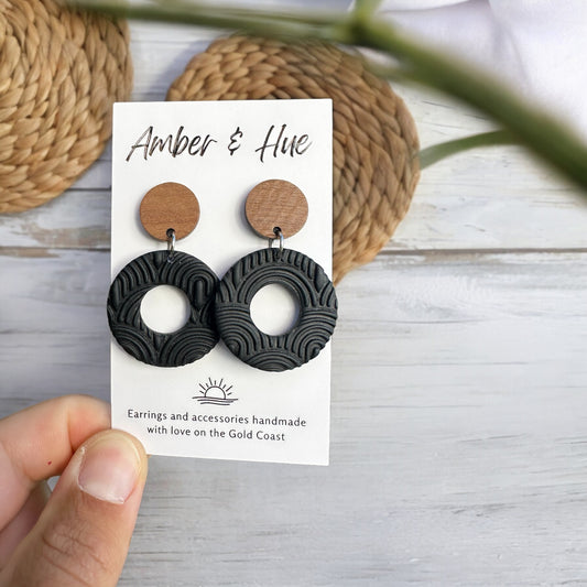 Textured Hoop Dangle Earrings With Wooden Stud Black
