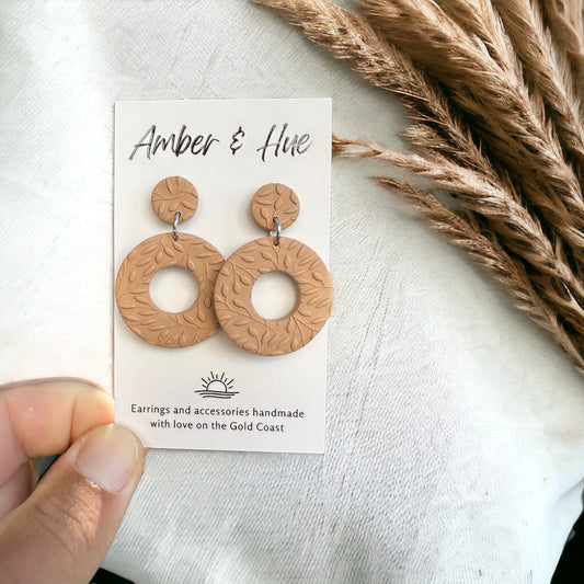 Leaf Print Tan Hoop Earrings