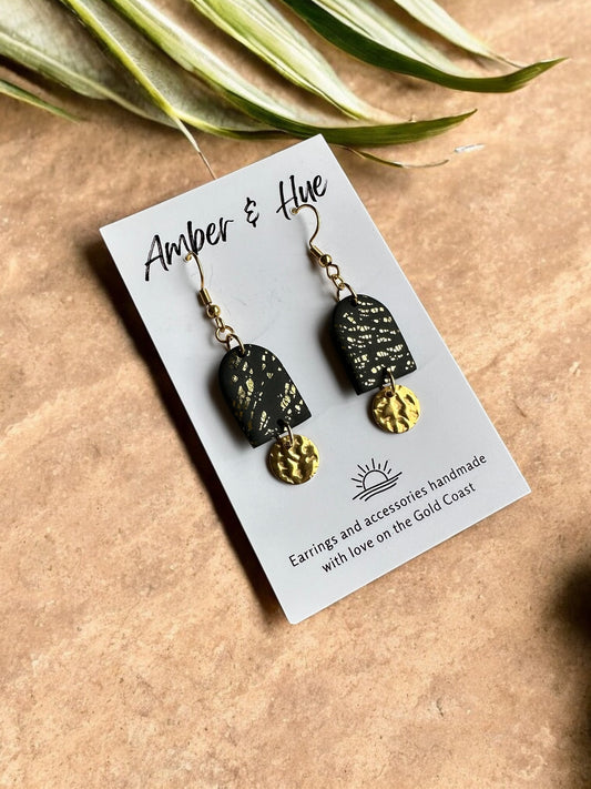 Black Arch and Golden Disk Hook Earrings