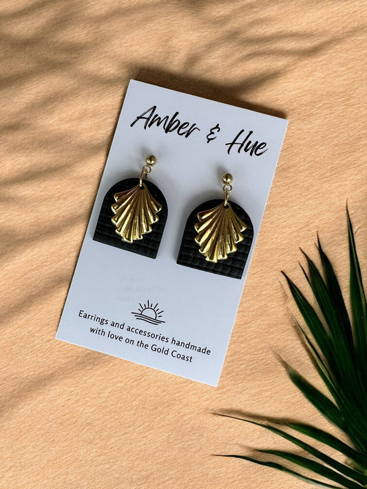 Elegant Gold Charm Black Dangle Earrings