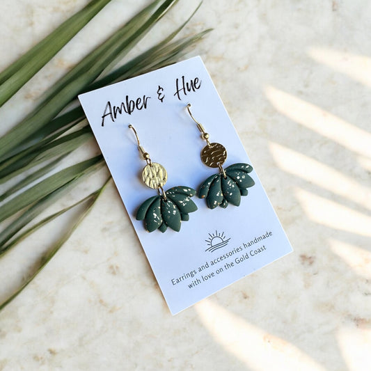 Green Lotus and Gold Hook Earrings
