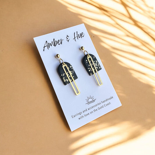 Small Balck Arch and Gold Shimmer Accent Dangle Earrings
