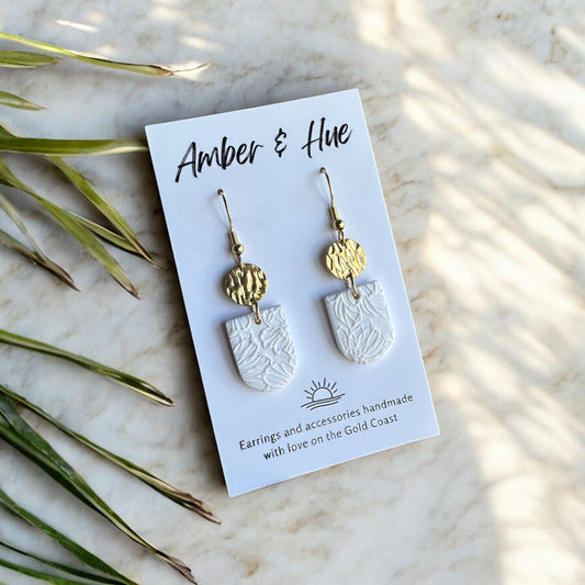 Golden Disk White Leaf Imprint Hook Earrings
