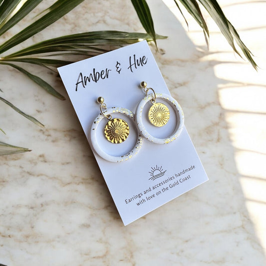 Gold Sun Disk White Hoop Earrings