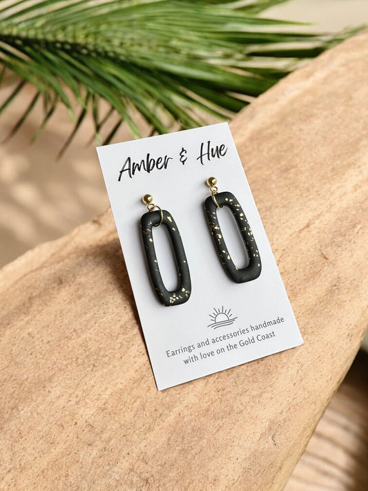 Black and Gold Rounder Rectangle Dangle Earrings