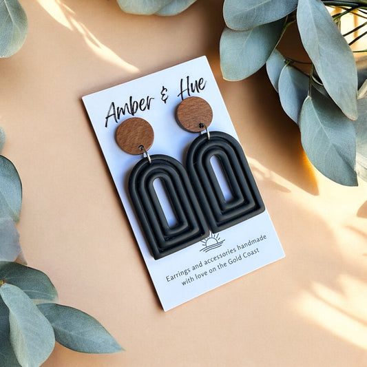 Arch Dangle earrings with Wooden Stud Post Black
