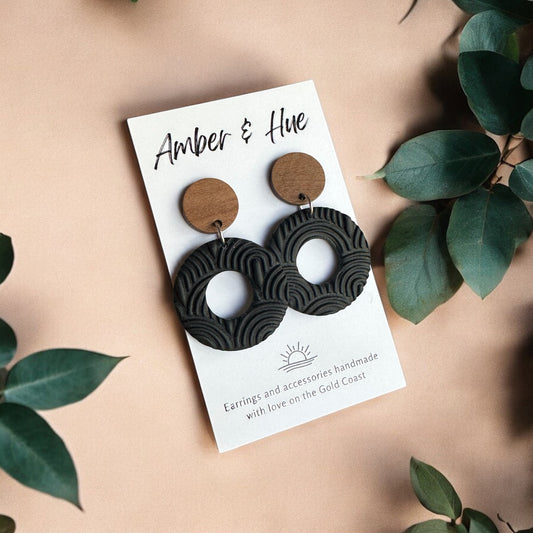 Textured Hoop Dangle Earrings With Wooden Stud Black