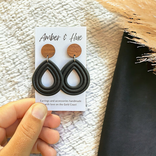 Teardrop Shaped Black Earrings With Wood Stud Post