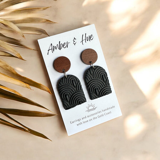 Textured Arch Dangle Earrings With a Wood Stud Post Black