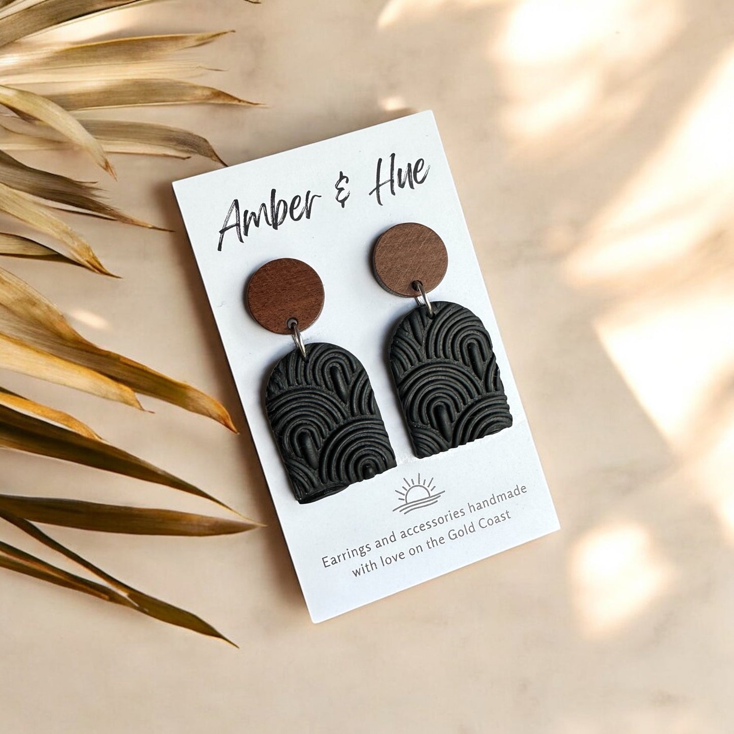Textured Arch Dangle Earrings With a Wood Stud Post Black