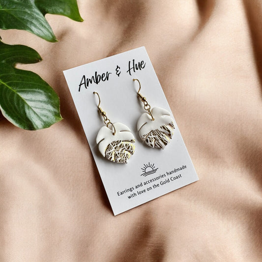 Monstera Leaf White and Gold Hook Earrings