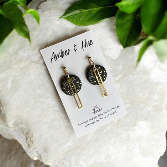 Round Black and Gold Shimmer Dangle Earrings