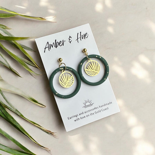 Green and Gold Charm Hoop Dangle Earrings