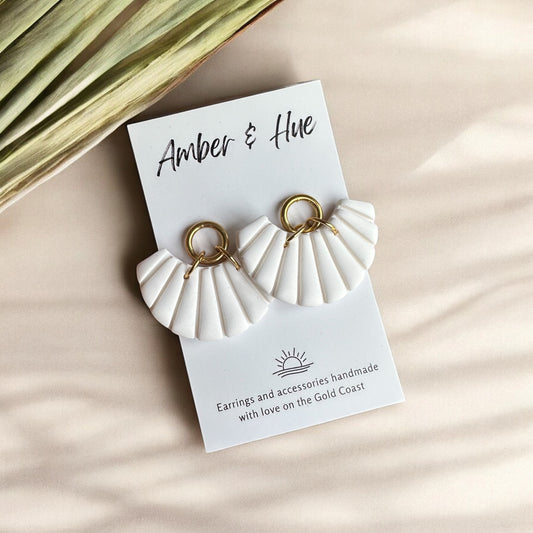White Fan and Gold Ring Dangle Earrings