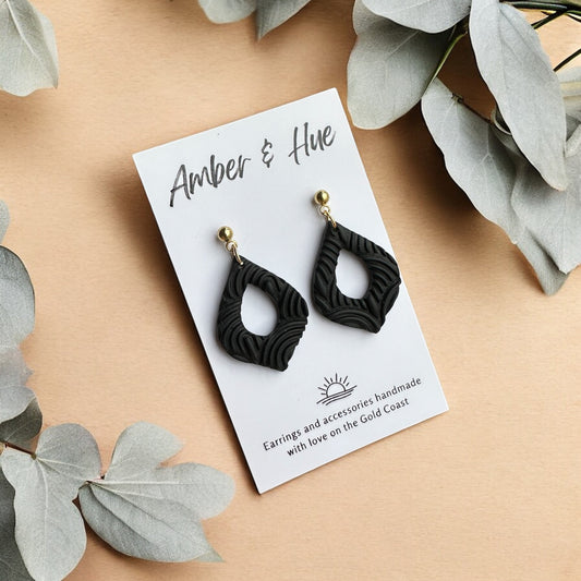 Teardrop-shaped Black Textured Dangle Earrings