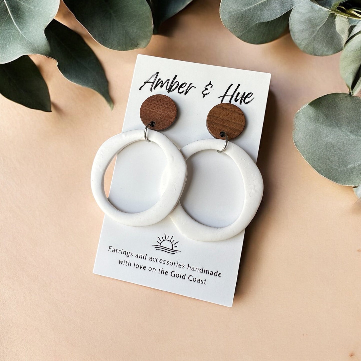 Wide Hoop Dangle Earrings With Wooden Stud Post White