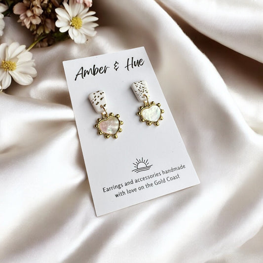 Shimmery Heart White and Gold Dangle Earrings