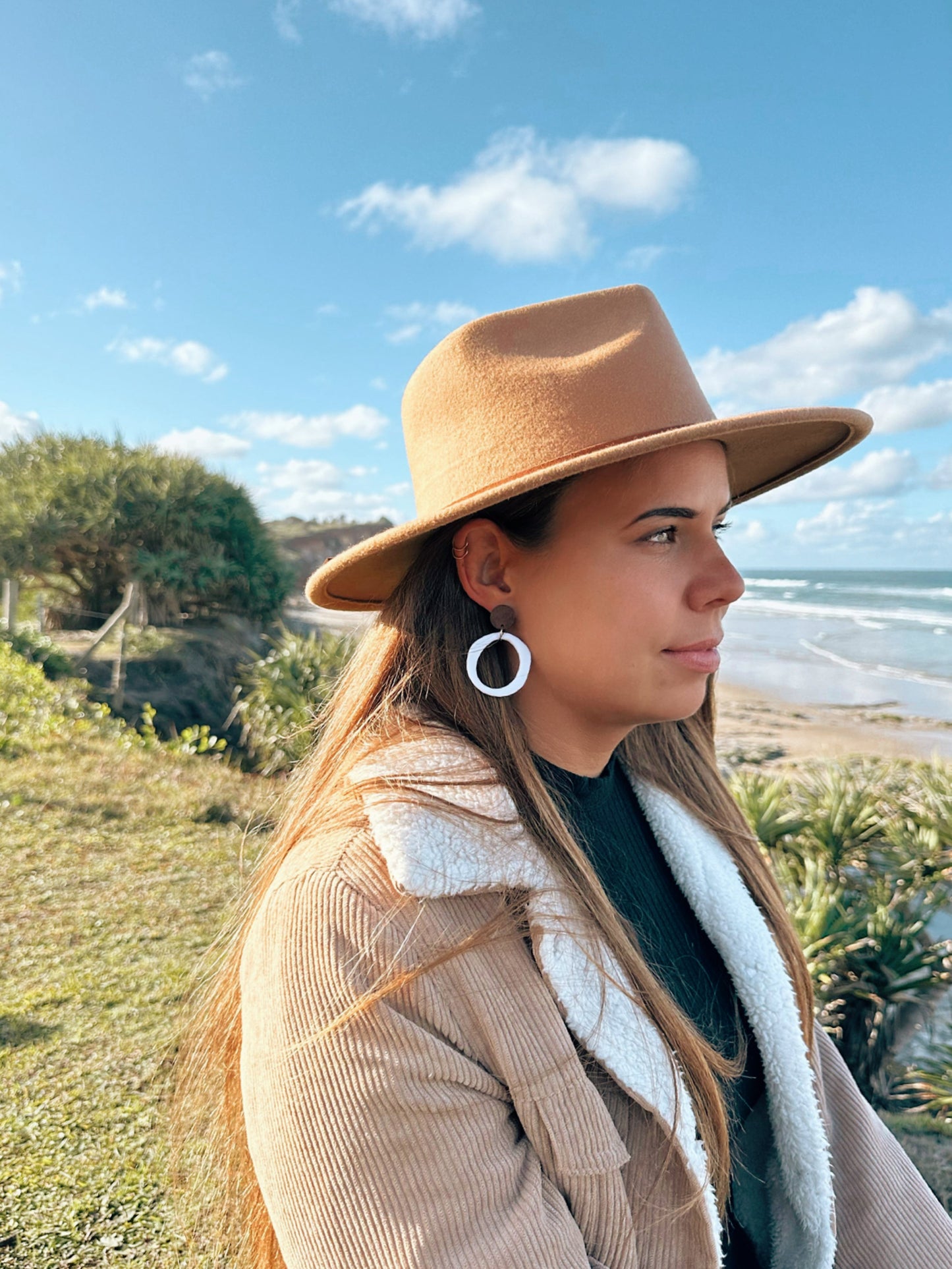 Wide Hoop Dangle Earrings With Wooden Stud Post White