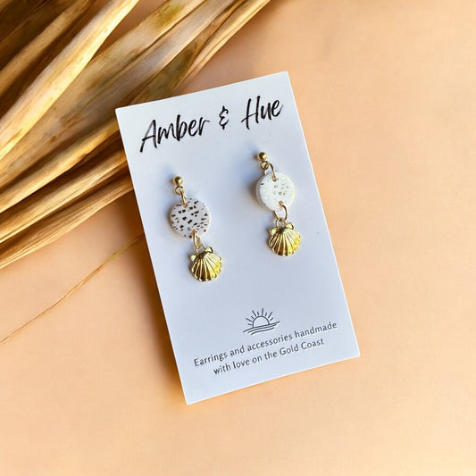 White and Gold Seashell Charm Dangle Earrings