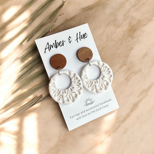 Floral Ornament White Hoop Earrings with Wooden Stud Post