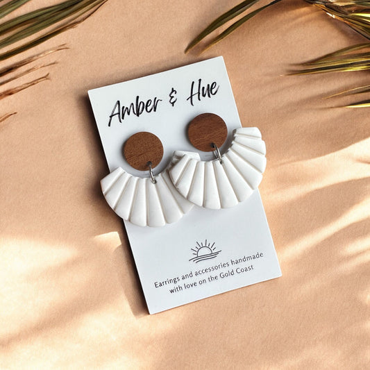 Fan Shaped White Dangle Earrings With Wooden Stud Post