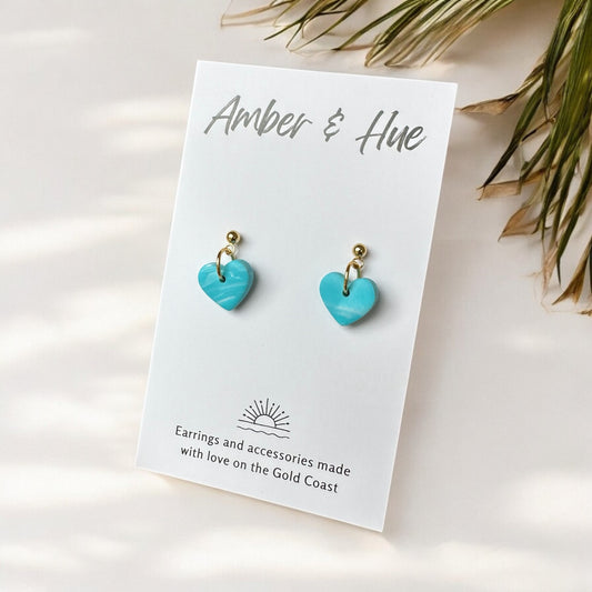 Tiny Aqua Heart Dangle Earrings