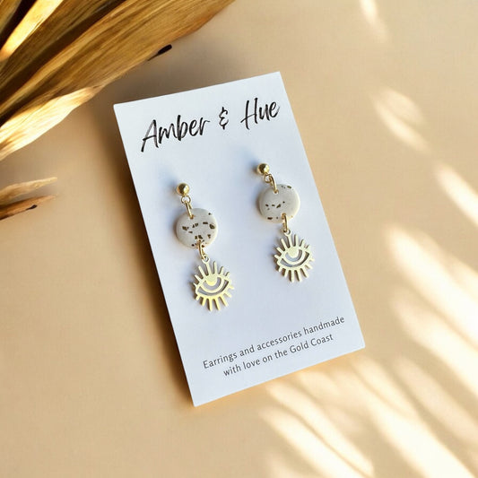 Eye Charm Dangle Earrings White & Gold