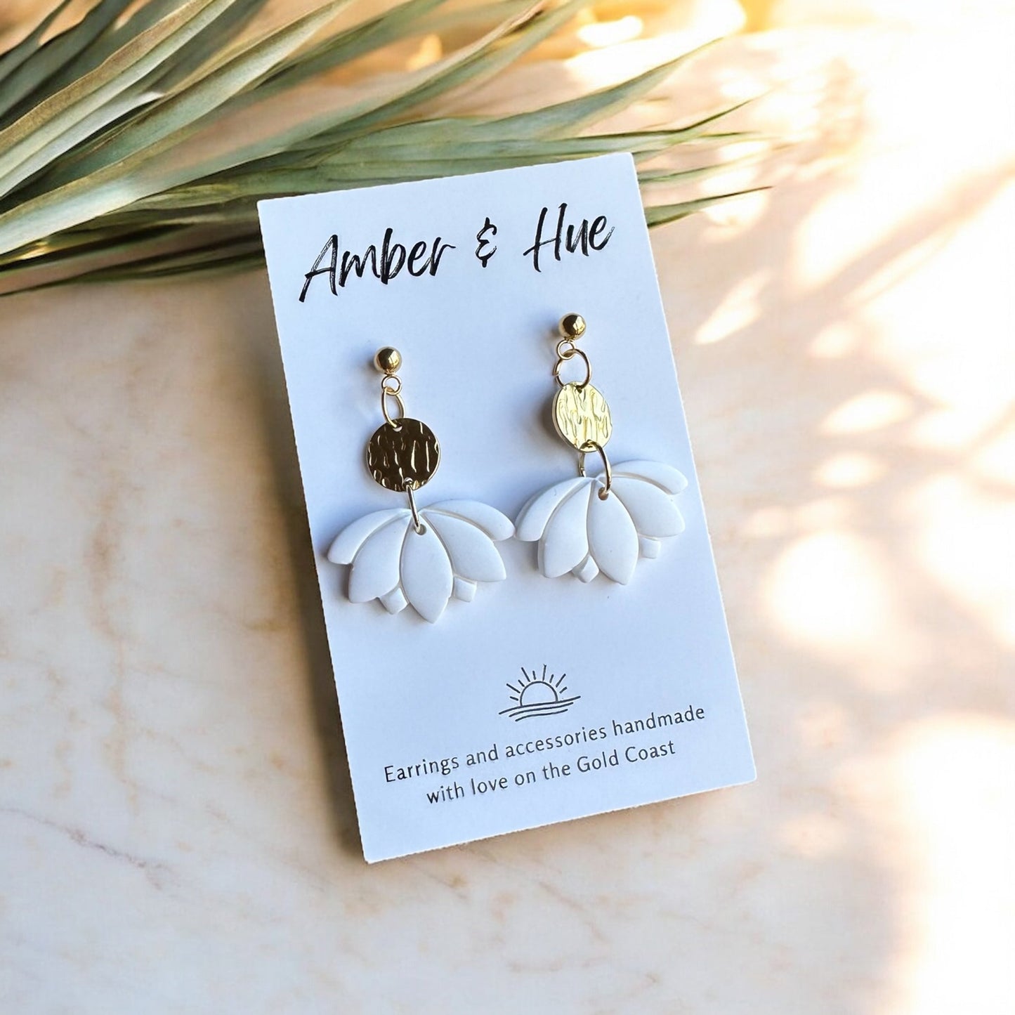 Gold and White Long Lotus Dangle Earrings.