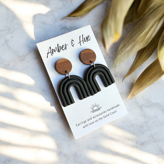 Rainbow Arch Earrings With Wood Stud Post Black