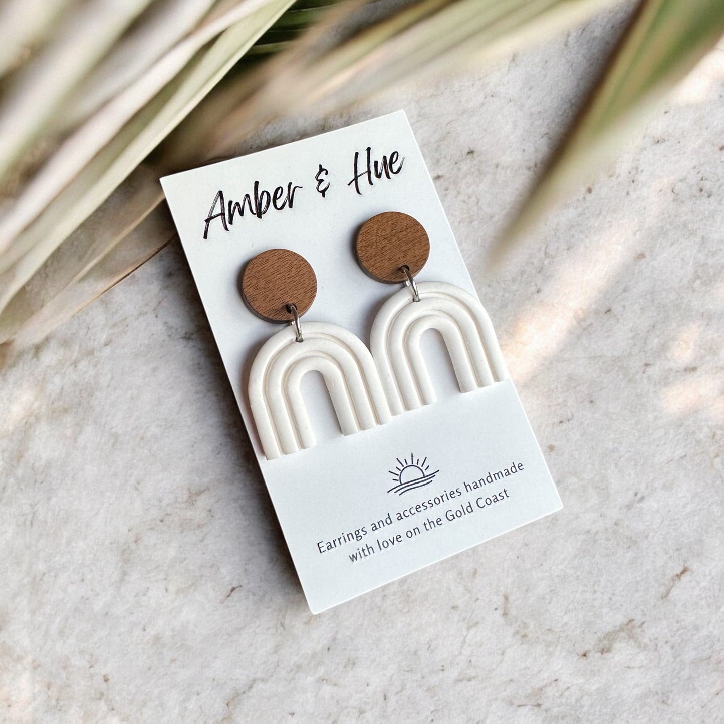 Rainbow Arch Earrings With Wood Stud Post White