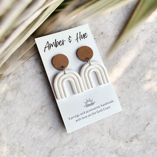 Rainbow Arch Earrings With Wood Stud Post White