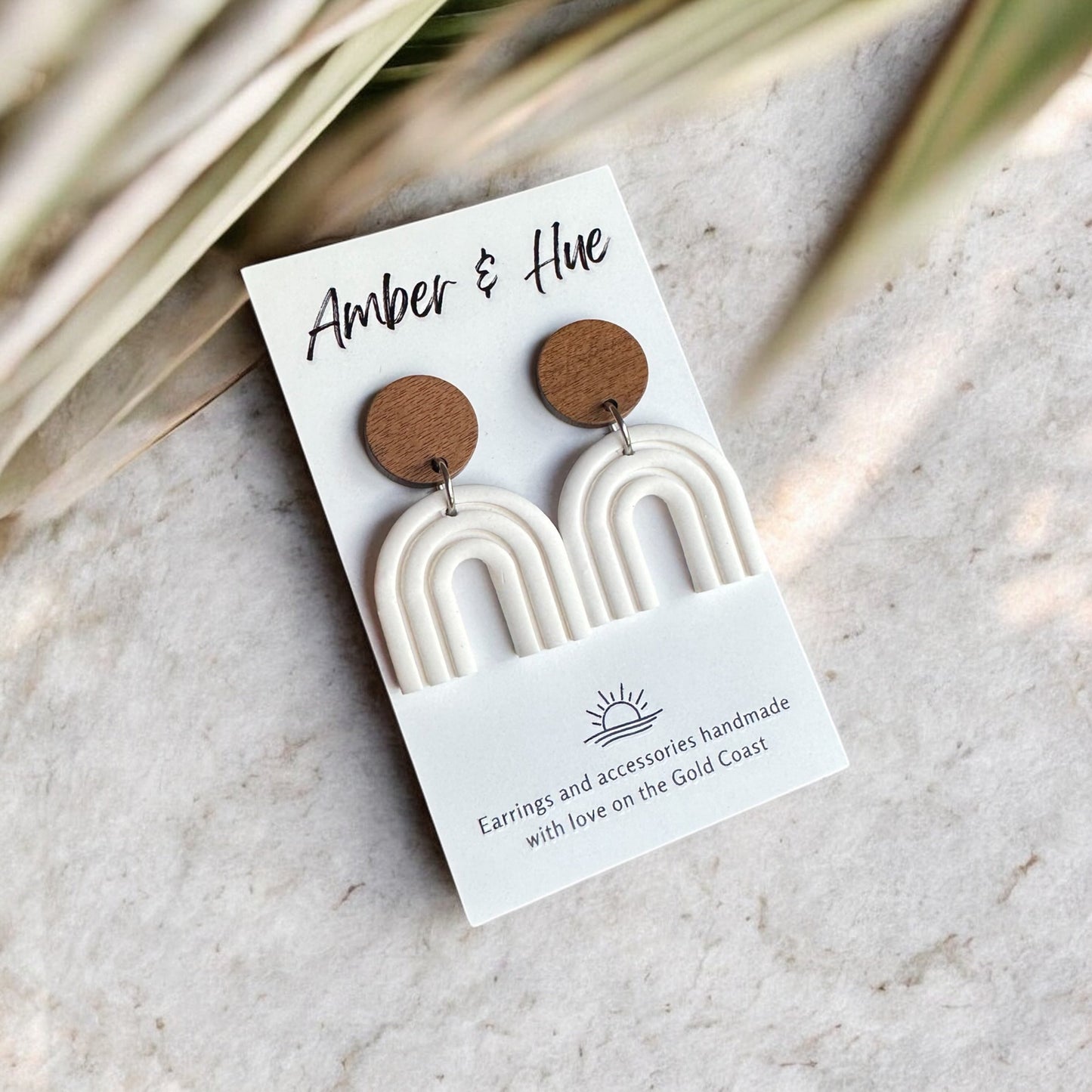 Rainbow Arch Earrings With Wood Stud Post White