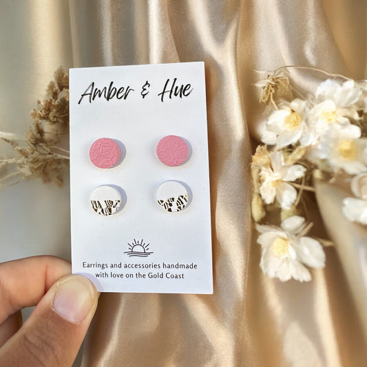 Stud Pack: Pink Floral Imprint and White Gold