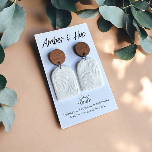 Leaf Imprint White Dangle Earrings With Wooden Studs