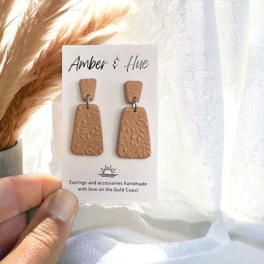 Tan Leaf Print Dangle Earrings